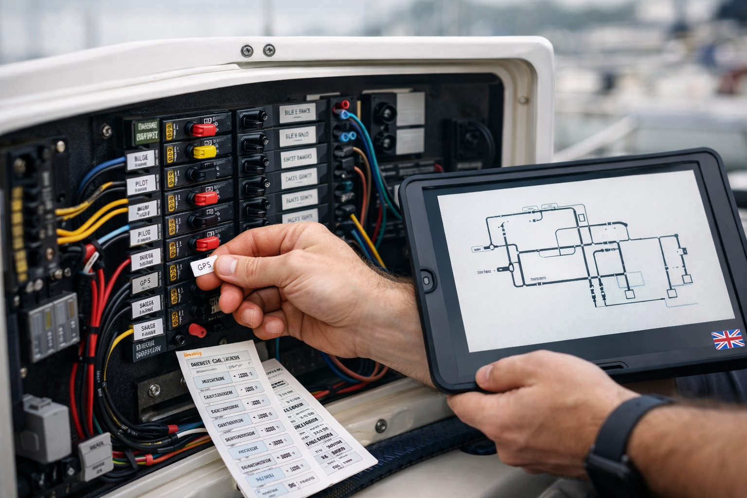 Close-up of a labelled yacht switchboard