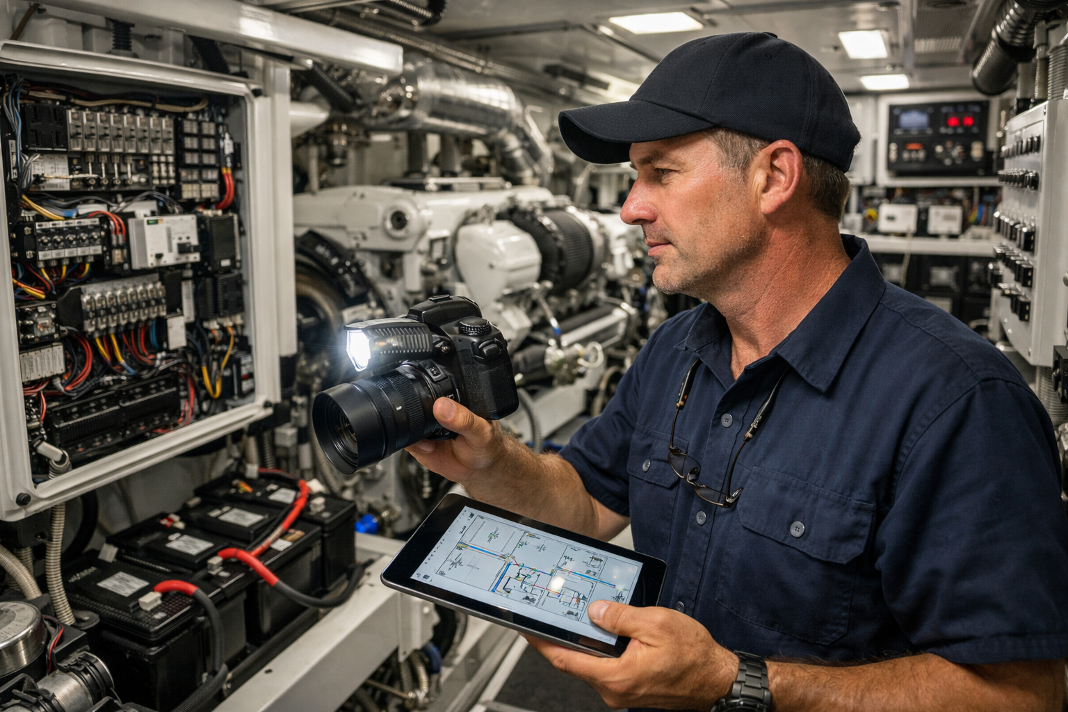 Marine electrician examining a yacht's electrical systems at an Australian marina