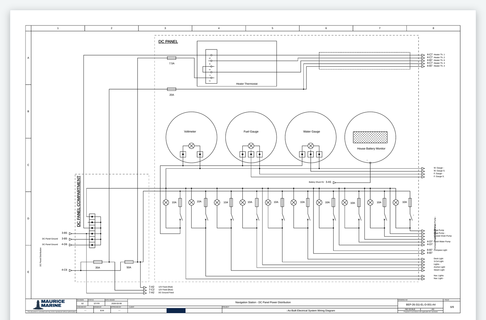Sample page from a real Maurice Marine as-built electrical schematic, showing the navigation station DC panel power distribution
